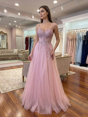 Dusty Pink A Line Lace Applique Tulle Corset Prom Dress