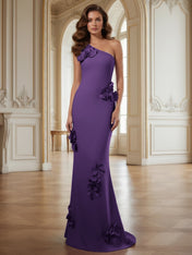 Cream One-Shoulder Prom Dress with Sculptural 3D Floral Appliqués