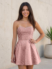 Baby Blue All Over Pearl Strapless Satin A-Line Mini Homecoming Dresses
