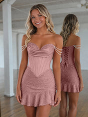 Sweetheart Neck Pearl Strap Beaded Mini Homecoming Dress
