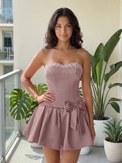 Fuchsia Pearl Corset Short Homecoming Dresses Large Waist Bow Lace Up Back