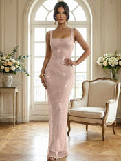 Sparkly Champagne Crystal Mesh Square Neck Long Prom Dress