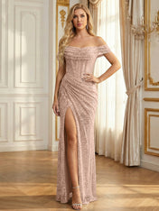 Sparkly Off-the-Shoulder Mesh Ruched Bodice Long Prom Dress with High Slit