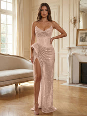 Champagne Gold Crystal-Embellished Corset Long Prom Dress with Slit