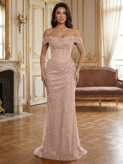 Red Off-The-Shoulder Sequined Corset Mermaid Long Prom Dress