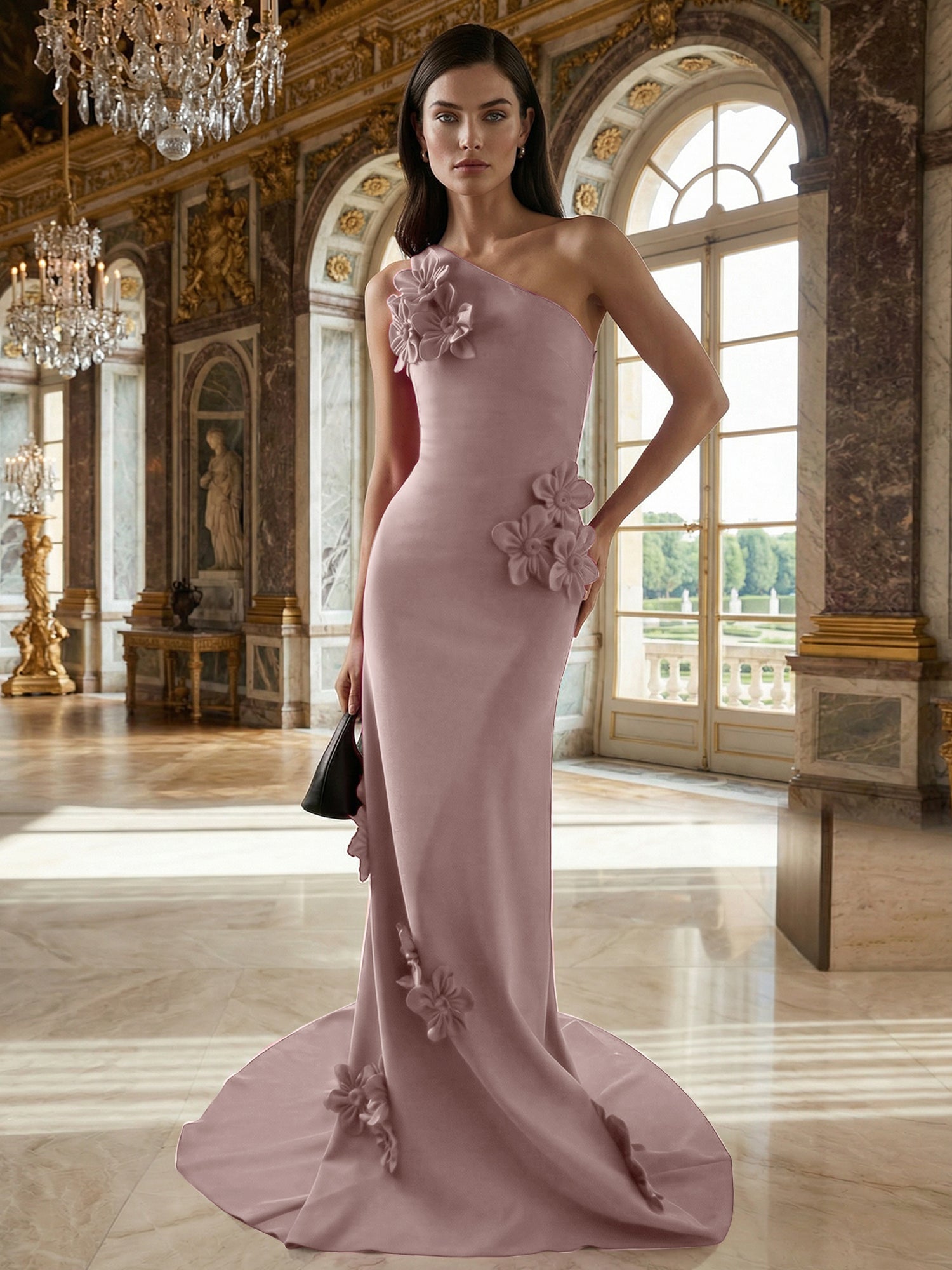 A Line One Shoulder Sleeveless Floor Length Stretch Crepe Dress With 3D Flowers