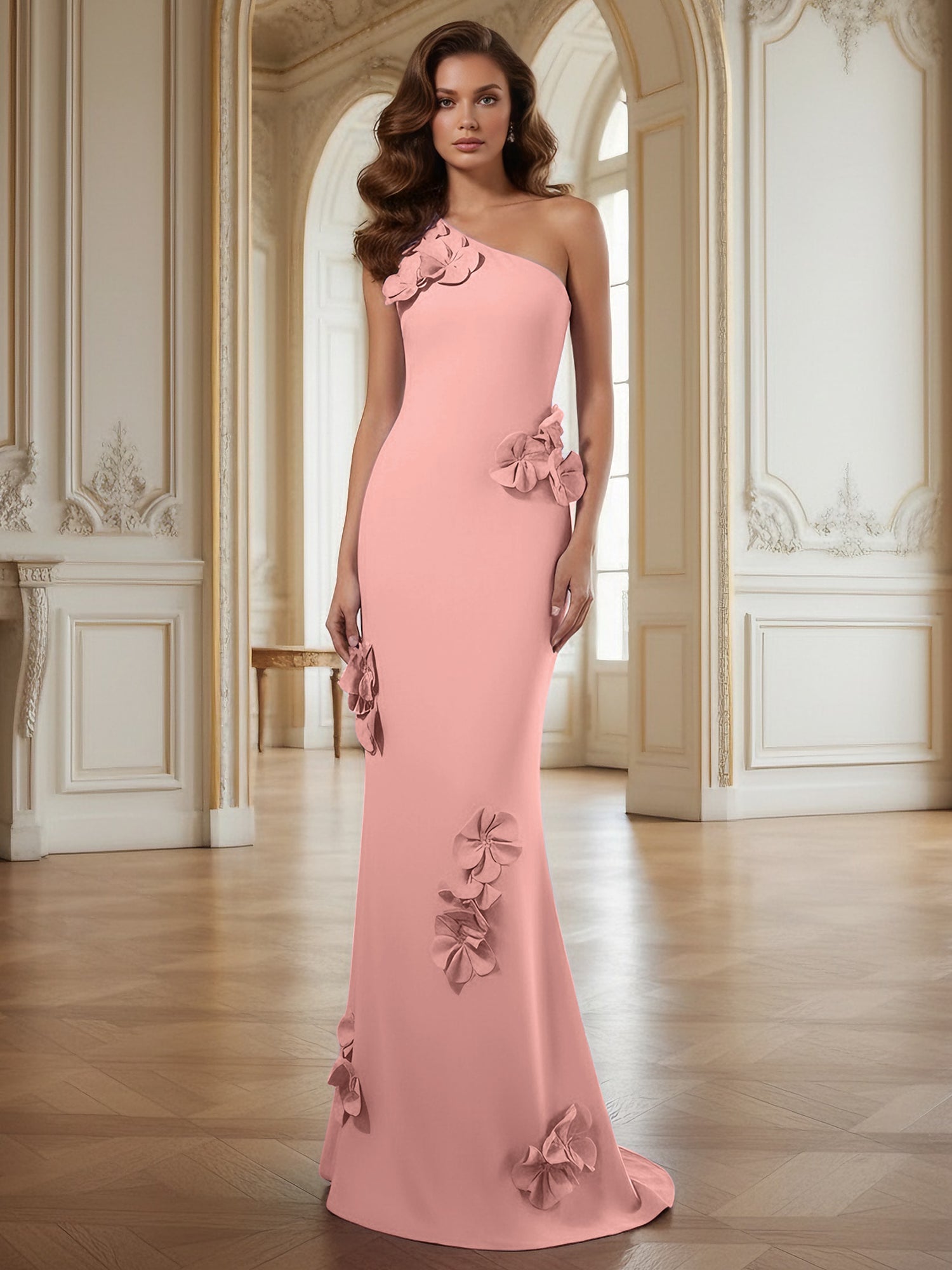 Cream One-Shoulder Prom Dress with Sculptural 3D Floral Appliqués