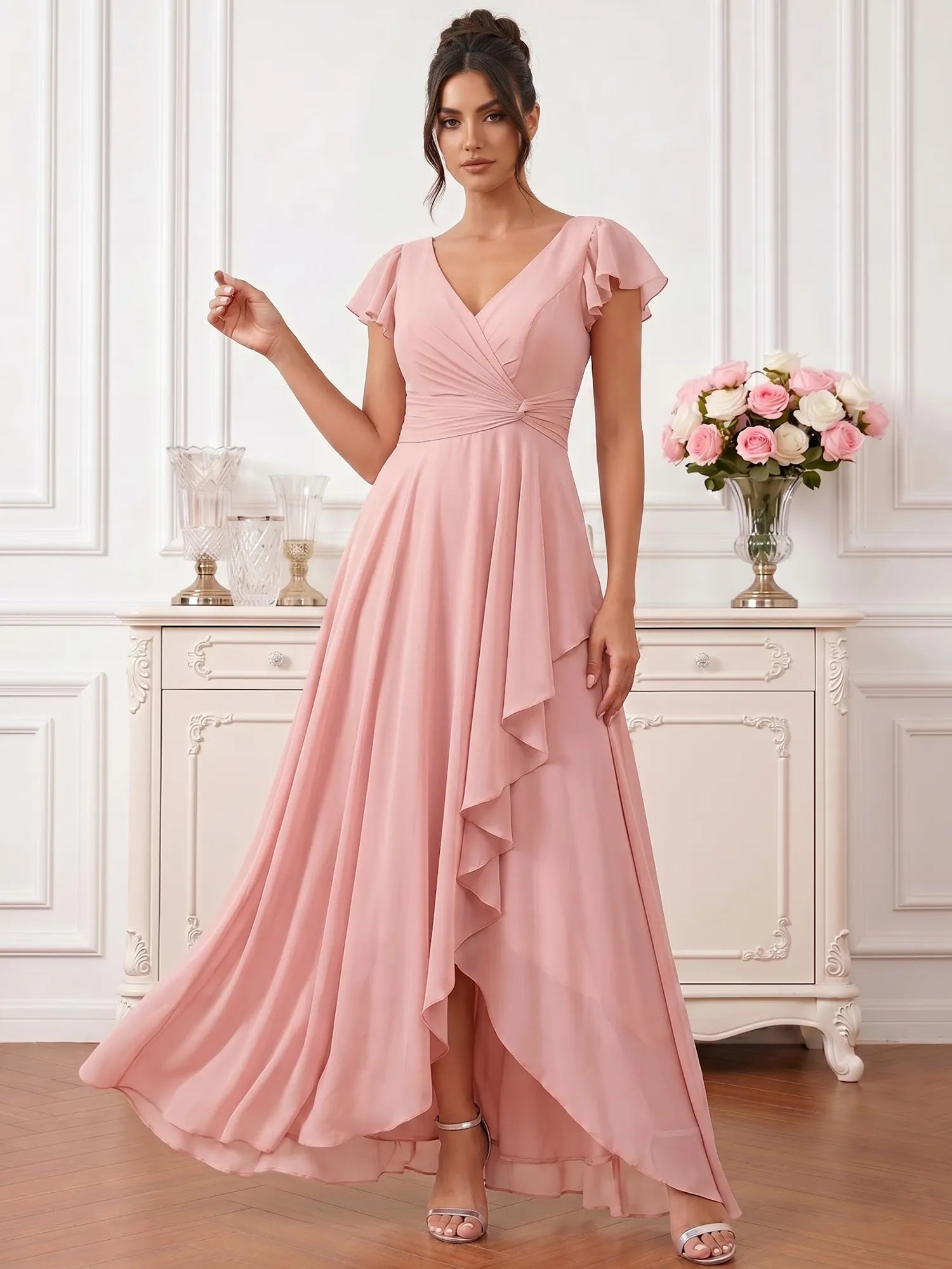 Dusty Rose Flutter Sleeve V-Neck High-Low Chiffon Bridesmaid Dress with Cascading Ruffles