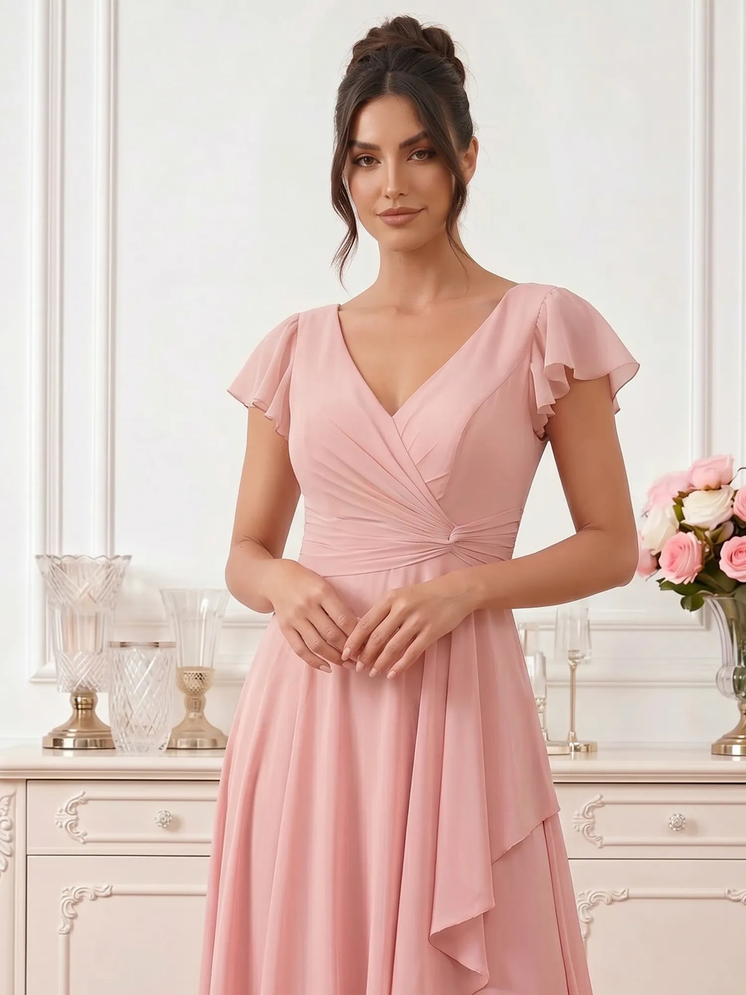 Dusty Rose Flutter Sleeve V-Neck High-Low Chiffon Bridesmaid Dress with Cascading Ruffles