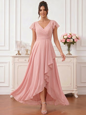 Dusty Rose Flutter Sleeve V-Neck High-Low Chiffon Bridesmaid Dress with Cascading Ruffles
