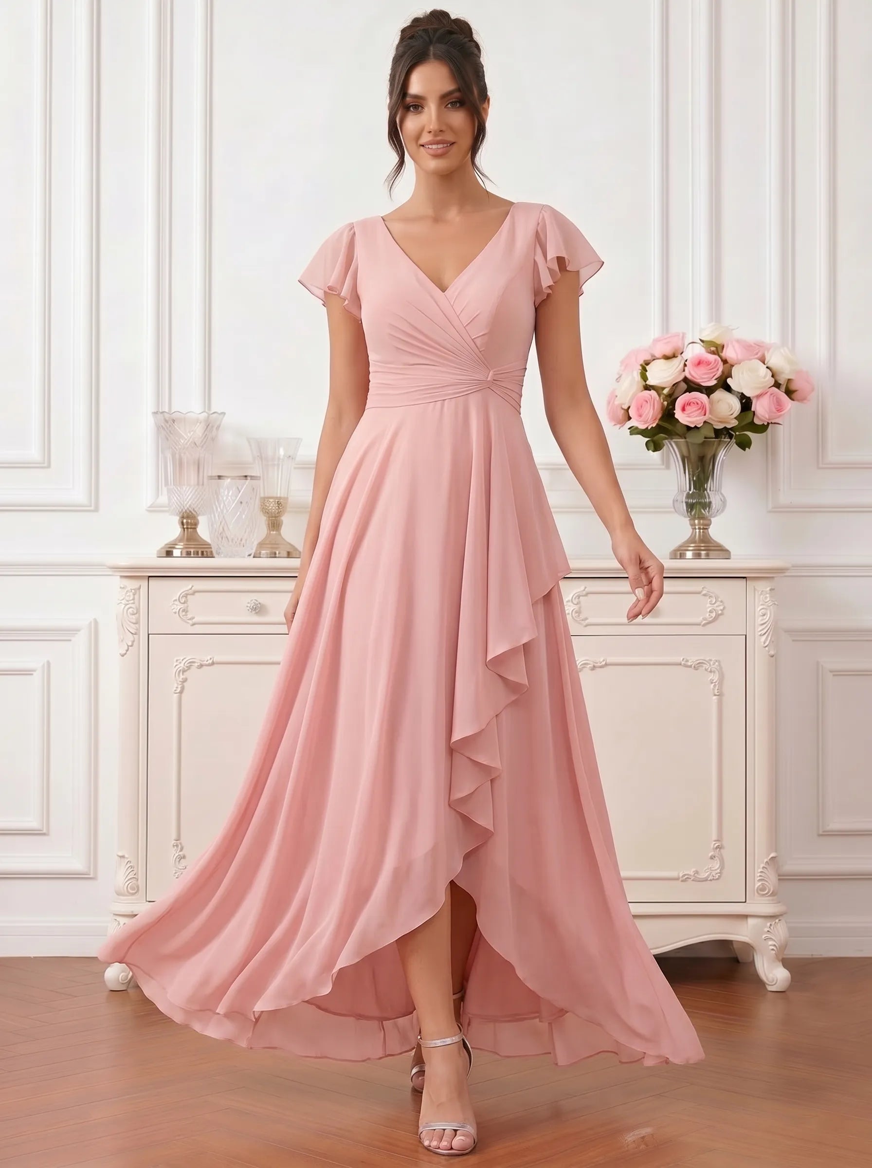 Dusty Rose Flutter Sleeve V-Neck High-Low Chiffon Bridesmaid Dress with Cascading Ruffles