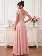 Dusty Rose Flutter Sleeve V-Neck High-Low Chiffon Bridesmaid Dress with Cascading Ruffles