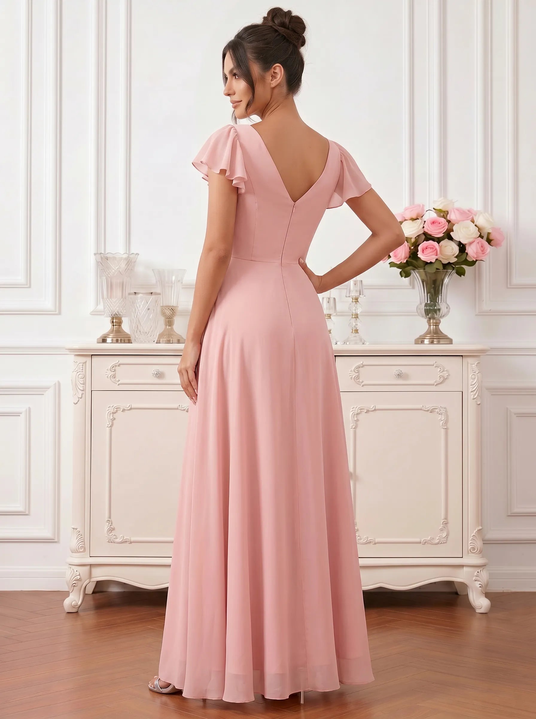 Dusty Rose Flutter Sleeve V-Neck High-Low Chiffon Bridesmaid Dress with Cascading Ruffles