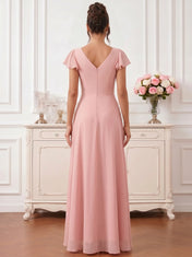 Dusty Rose Flutter Sleeve V-Neck High-Low Chiffon Bridesmaid Dress with Cascading Ruffles