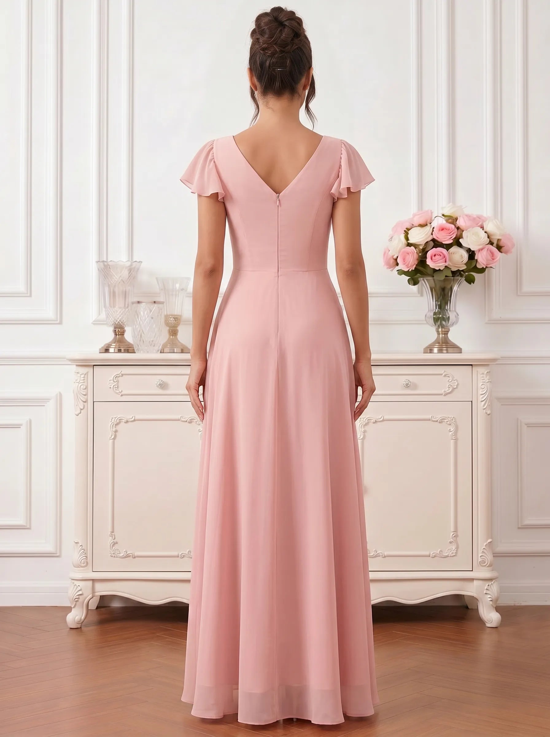 DustyRoseFlutterSleeveV-NeckHigh-LowChiffonBridesmaidDresswithCascadingRuffles_5.webp