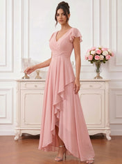 Dusty Rose Flutter Sleeve V-Neck High-Low Chiffon Bridesmaid Dress with Cascading Ruffles