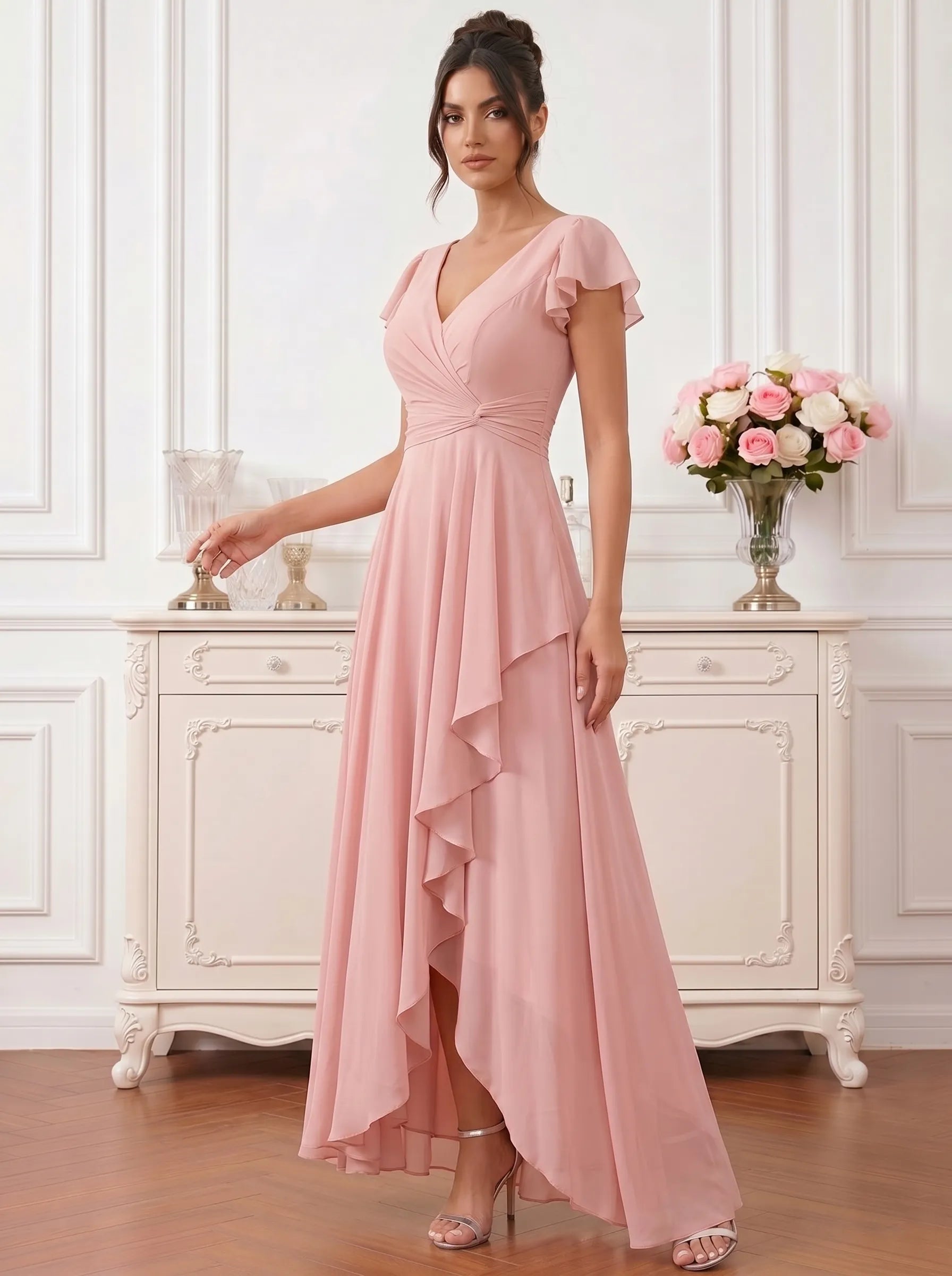 Dusty Rose Flutter Sleeve V-Neck High-Low Chiffon Bridesmaid Dress with Cascading Ruffles