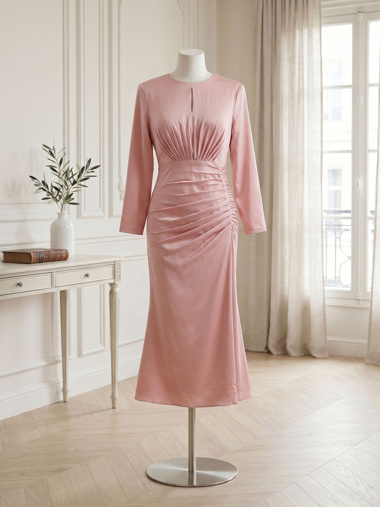 Dusty Rose Long Sleeve Ruched Midi Dress Formal Evening Gown