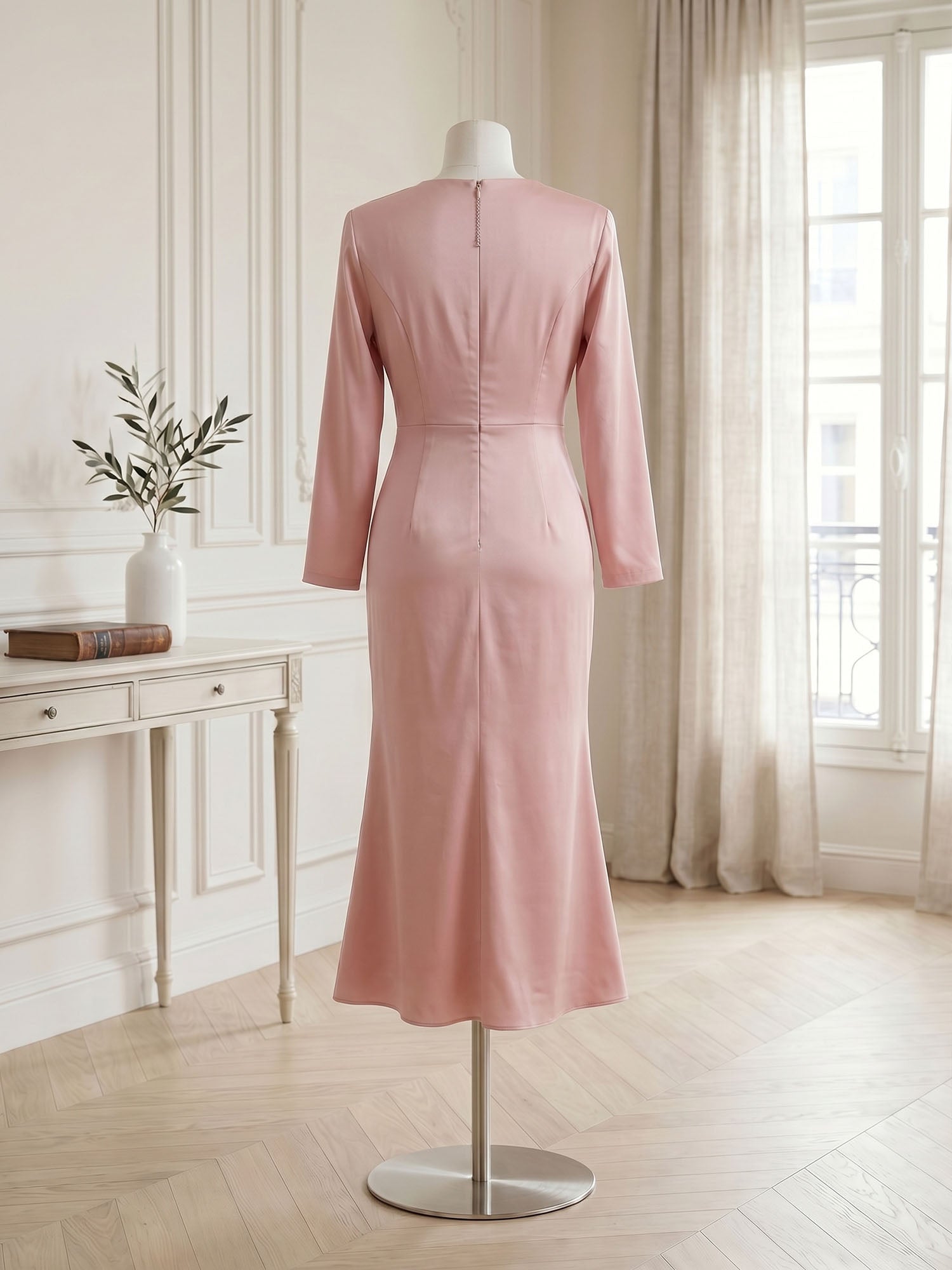 Dusty Rose Long Sleeve Ruched Midi Dress Formal Evening Gown