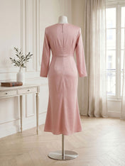 Dusty Rose Long Sleeve Ruched Midi Dress Formal Evening Gown