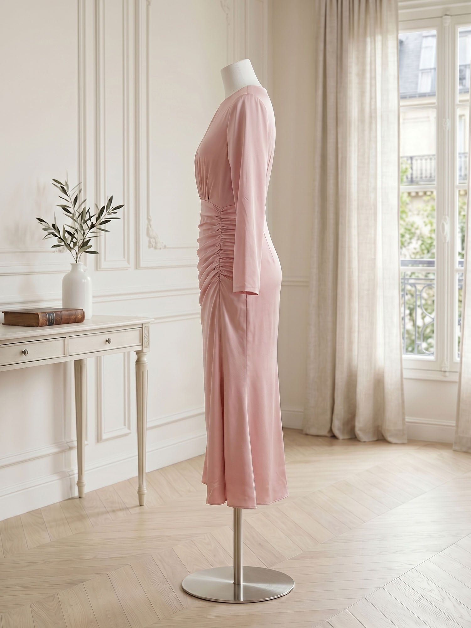 Dusty Rose Long Sleeve Ruched Midi Dress Formal Evening Gown
