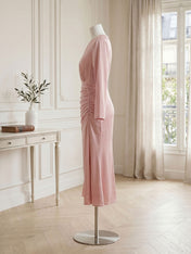 Dusty Rose Long Sleeve Ruched Midi Dress Formal Evening Gown