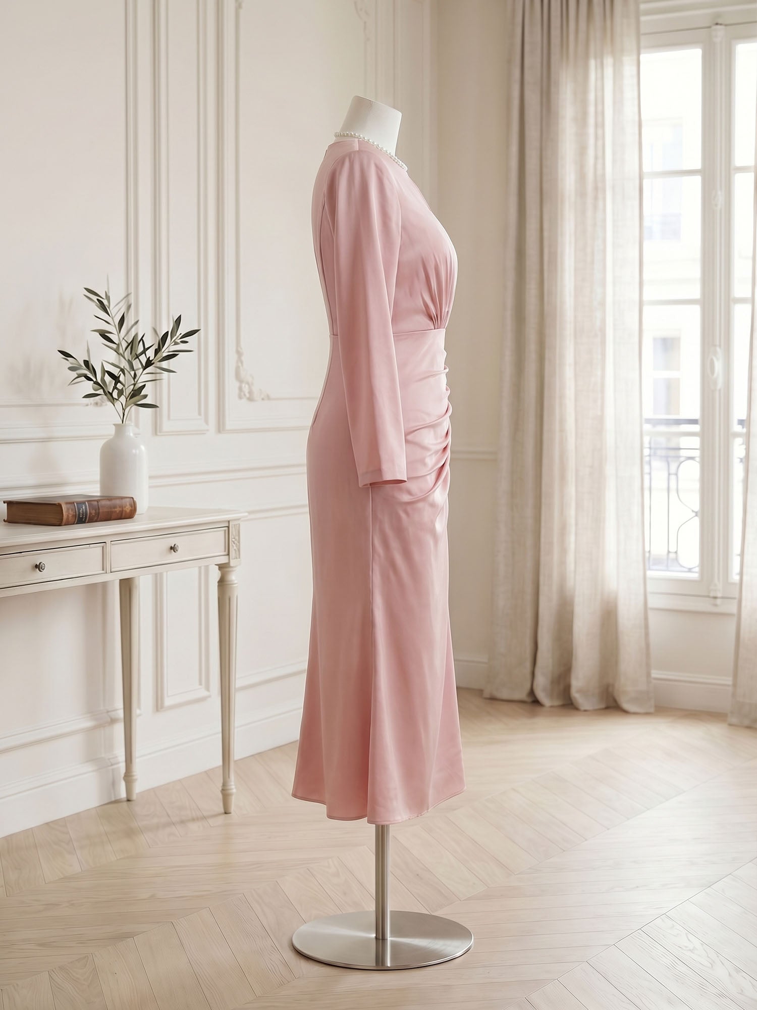 Dusty Rose Long Sleeve Ruched Midi Dress Formal Evening Gown