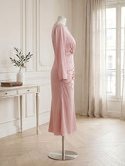 Dusty Rose Long Sleeve Ruched Midi Dress Formal Evening Gown
