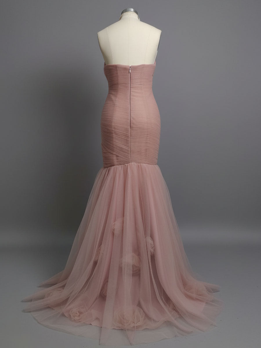 Dusty Rose Mermaid Strapless Ruched Tulle Prom Dress with 3D Floral