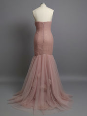 Dusty Rose Mermaid Strapless Ruched Tulle Prom Dress with 3D Floral