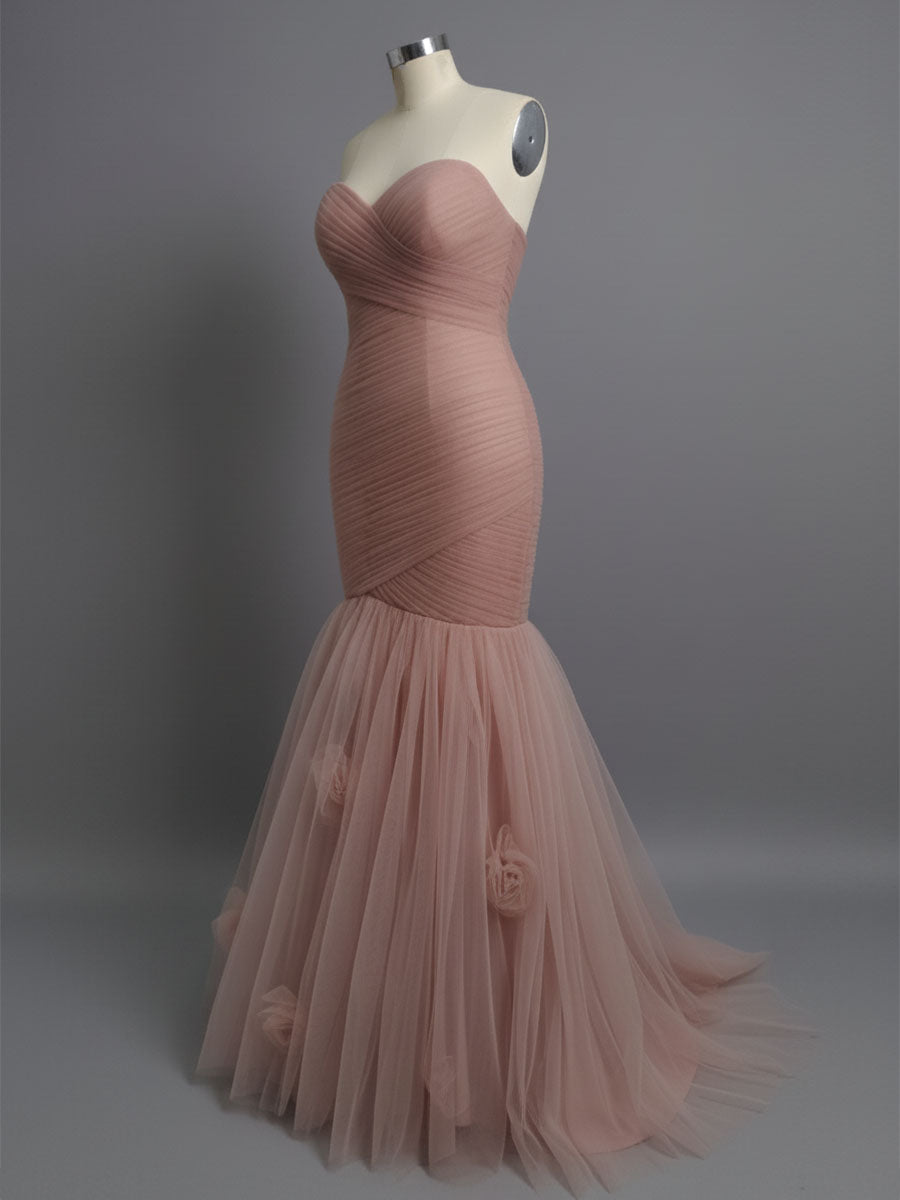Dusty Rose Mermaid Strapless Ruched Tulle Prom Dress with 3D Floral