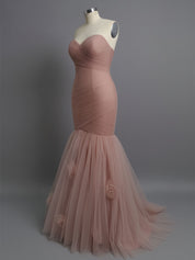 Dusty Rose Mermaid Strapless Ruched Tulle Prom Dress with 3D Floral
