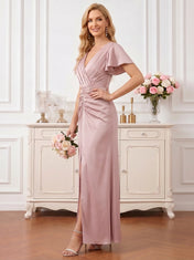 Dusty Rose Satin A-Line Mother of the Bride Dress with V-Neck and Slit Evening Dresses