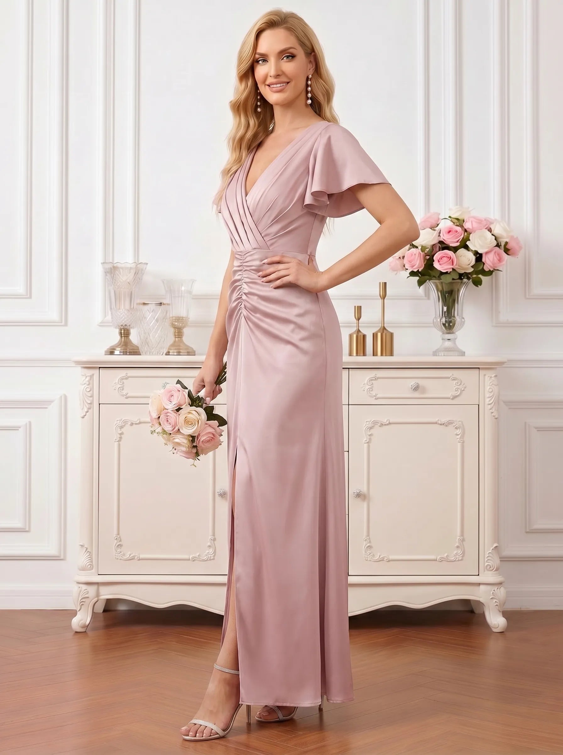Dusty Rose Satin A-Line Mother of the Bride Dress with V-Neck and Slit Evening Dresses