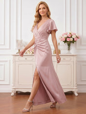Dusty Rose Satin A-Line Mother of the Bride Dress with V-Neck and Slit Evening Dresses