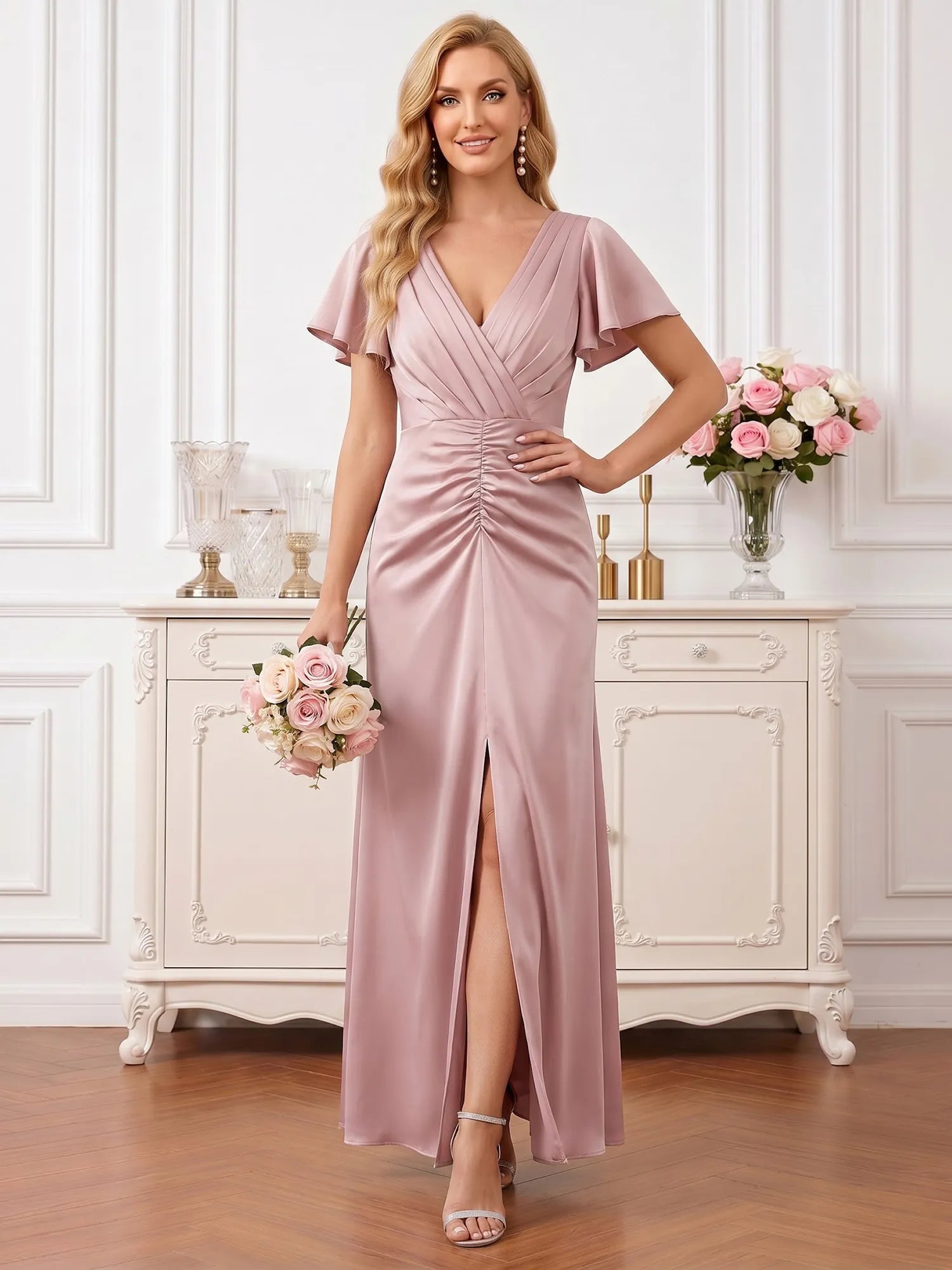 Dusty Rose Satin A-Line Mother of the Bride Dress with V-Neck and Slit Evening Dresses