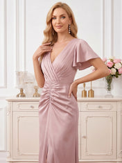 Dusty Rose Satin A-Line Mother of the Bride Dress with V-Neck and Slit Evening Dresses