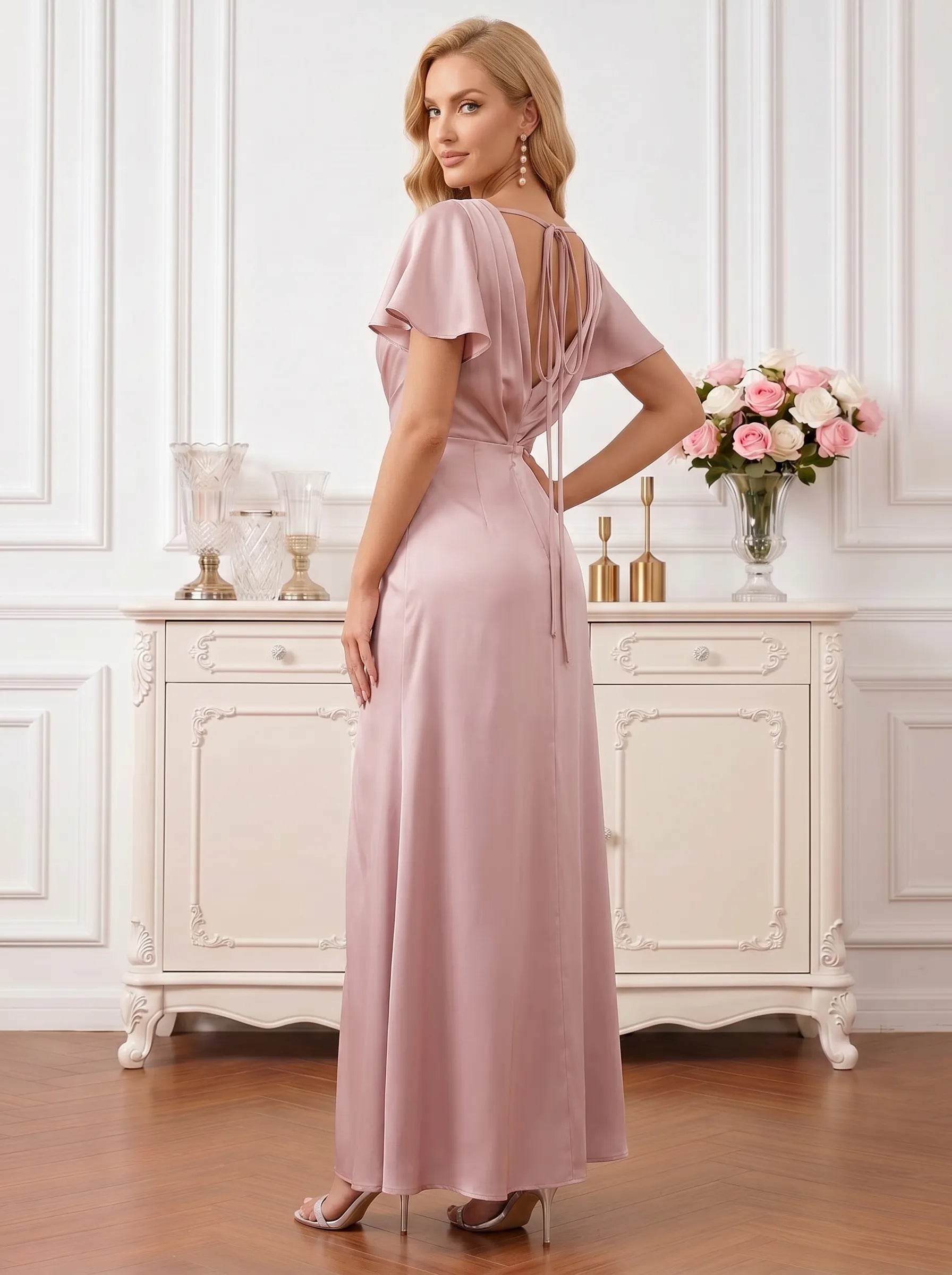 Dusty Rose Satin A-Line Mother of the Bride Dress with V-Neck and Slit Evening Dresses