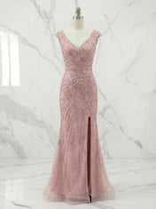 Dusty Rose Starburst Sequin Long Prom Dress with Slit