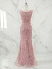Dusty Rose Starburst Sequin Long Prom Dress with Slit