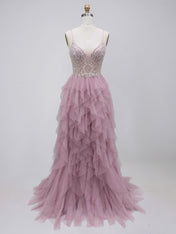 Dusty Rose Tulle A-Line Tiered Ruffles Prom Dress with Beaded Illusion Bodice