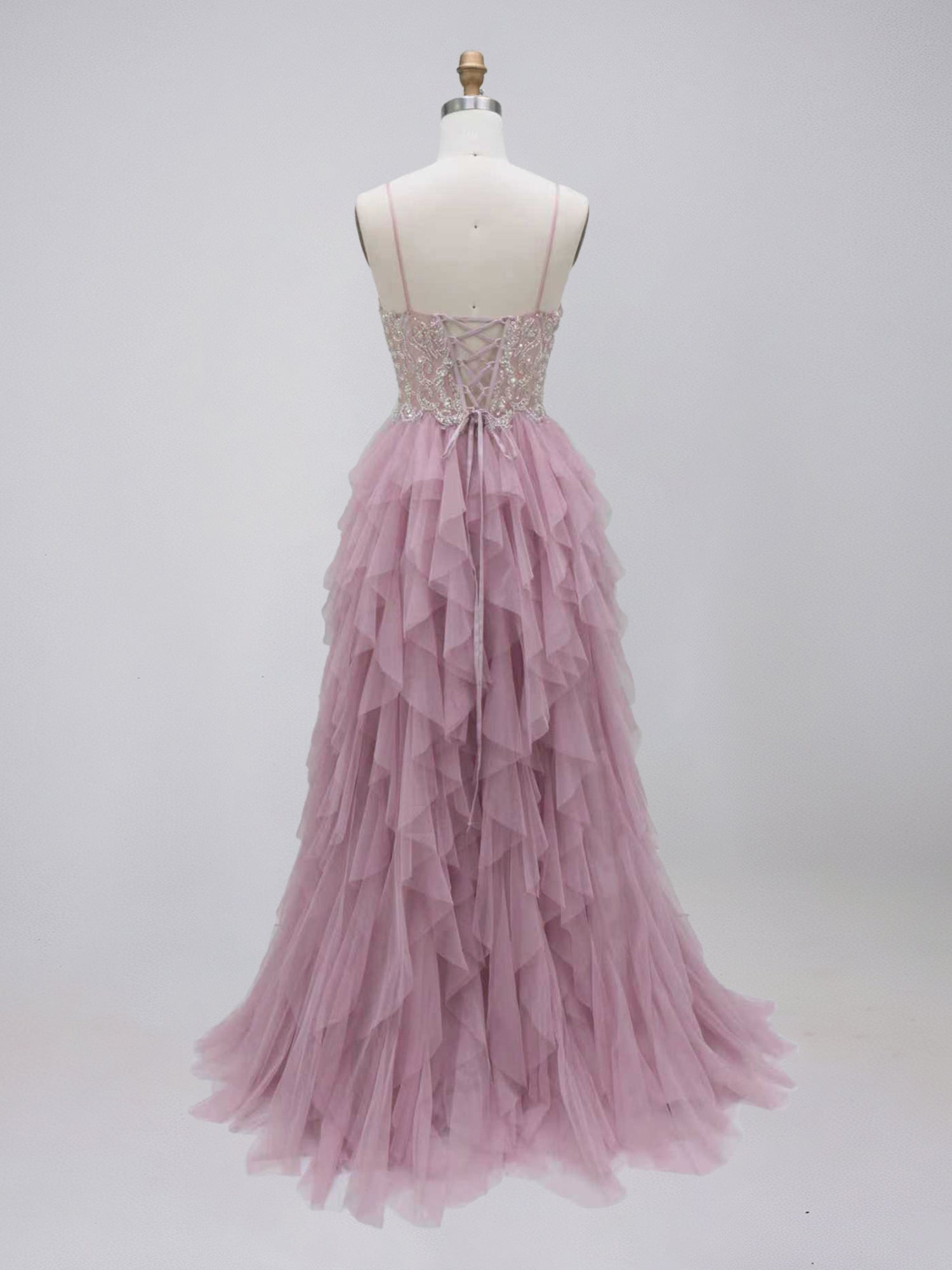 Dusty Rose Tulle A-Line Tiered Ruffles Prom Dress with Beaded Illusion Bodice