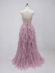 Dusty Rose Tulle A-Line Tiered Ruffles Prom Dress with Beaded Illusion Bodice