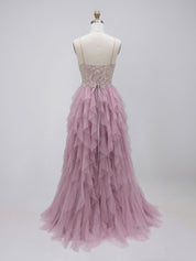 Dusty Rose Tulle A-Line Tiered Ruffles Prom Dress with Beaded Illusion Bodice