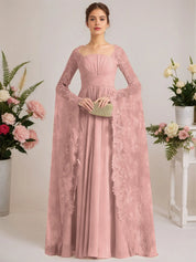 A-line Square Floor-Length Chiffon Lace Evening Dress With Beading Pleated