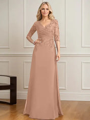 Robe de mère de la mariée trapèze, col en V, longueur au sol, en mousseline de soie et dentelle, avec sequins plissés 