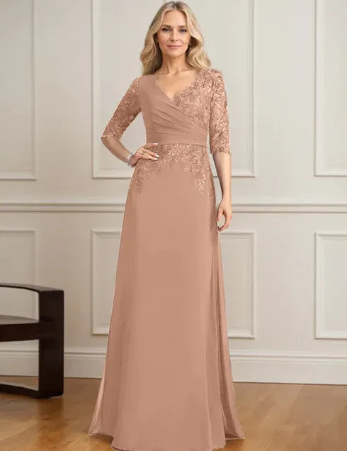 Robe de mère de la mariée trapèze, col en V, longueur au sol, en mousseline de soie et dentelle, avec sequins plissés 