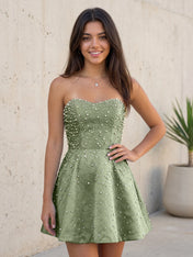 Baby Blue All Over Pearl Strapless Satin A-Line Mini Homecoming Dresses