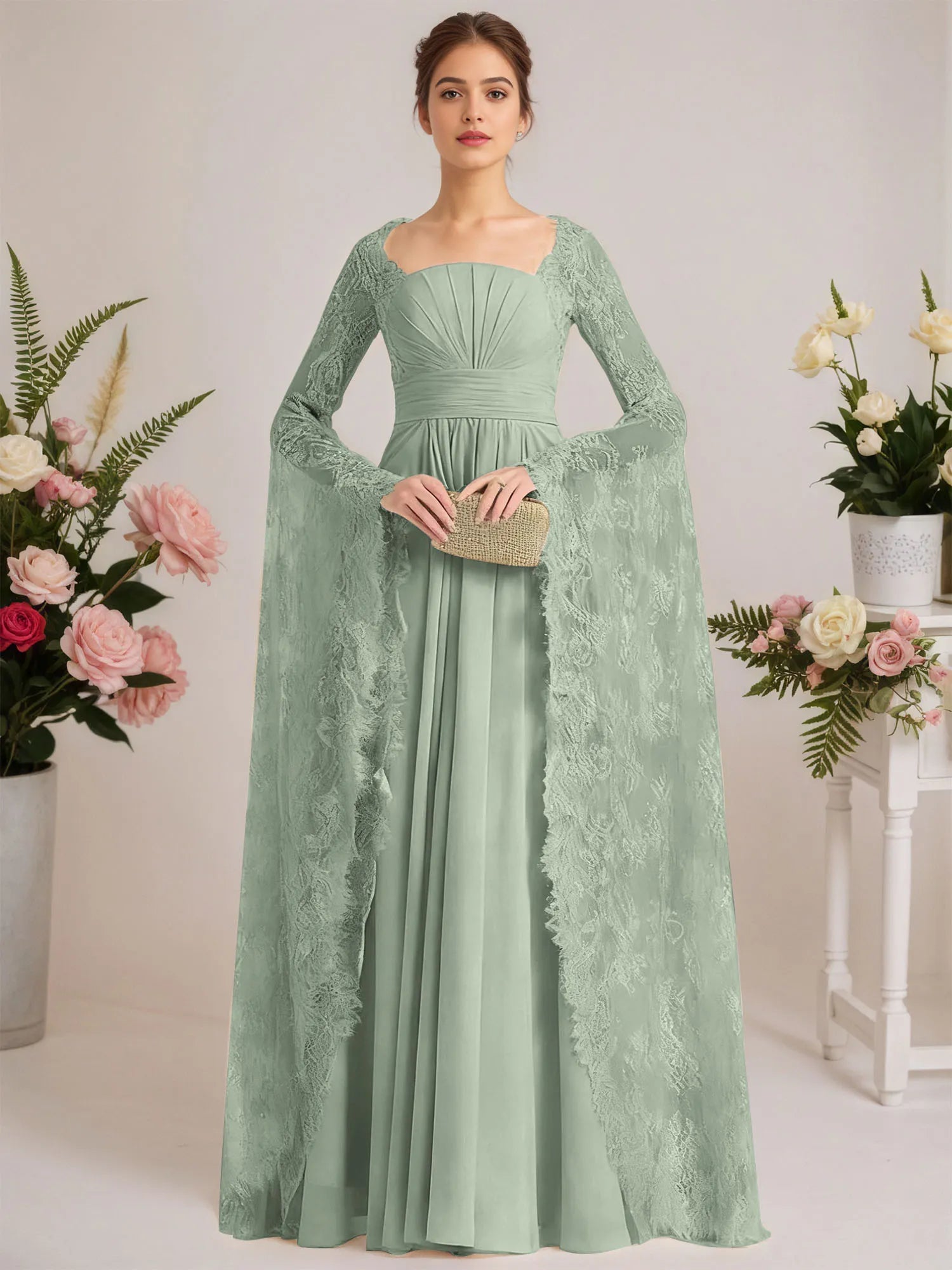 A-line Square Floor-Length Chiffon Lace Evening Dress With Beading Pleated