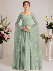 A-line Square Floor-Length Chiffon Lace Evening Dress With Beading Pleated